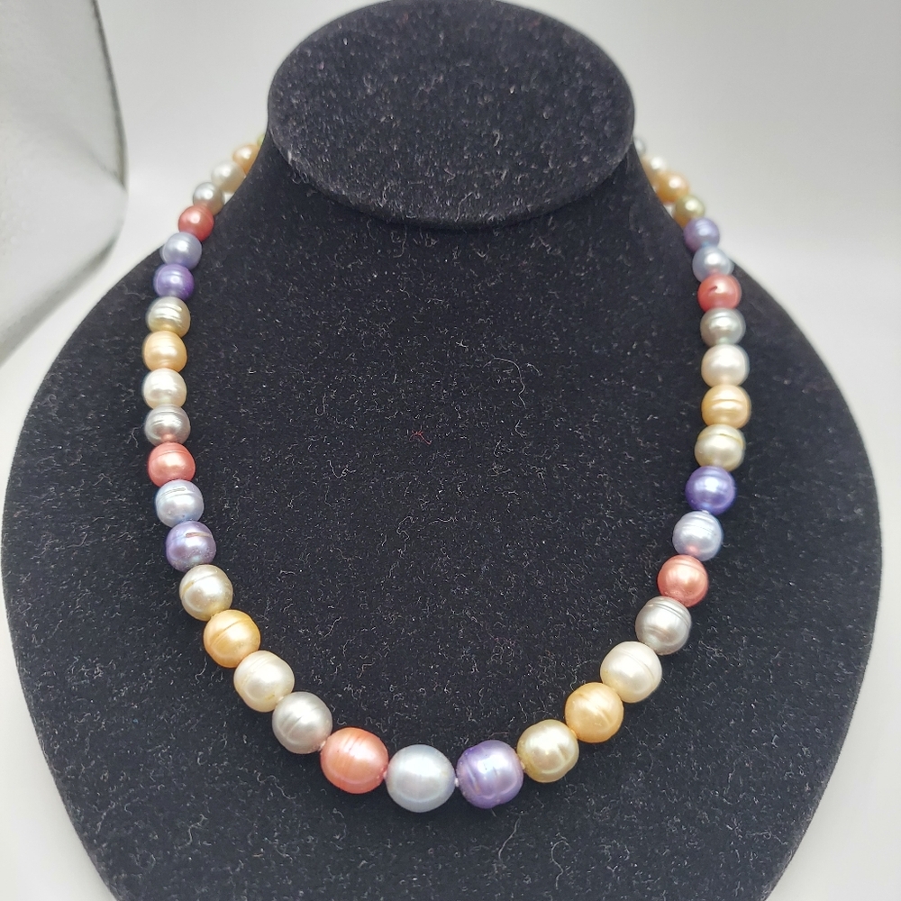 Vintage Multicolor Potato Pearl 8mm Culture/Frwtr Necklace 8/16", SS Clasp.
